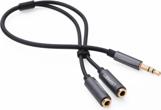 Adapter audio UGREEN 20816 3.5mm mashkull në 2x 3.5mm femër, 25cm, i zi, polybag