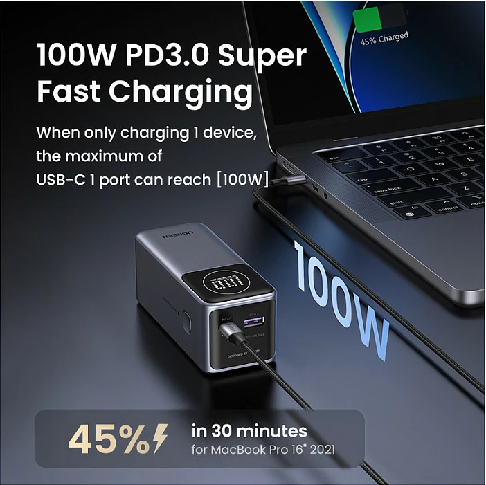Powerbank Ugreen 12000mAh, 100W PD, USB-C + USB-A, gri