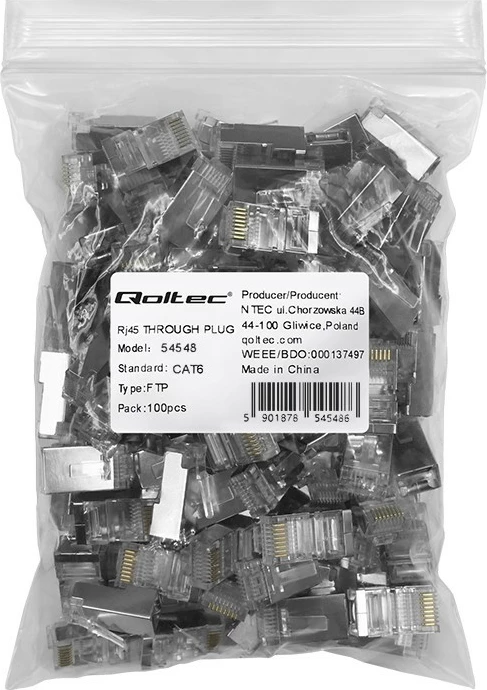 Set lidhës RJ45 Qoltec 54548, pass-through, CAT6, FTP, 100 copë