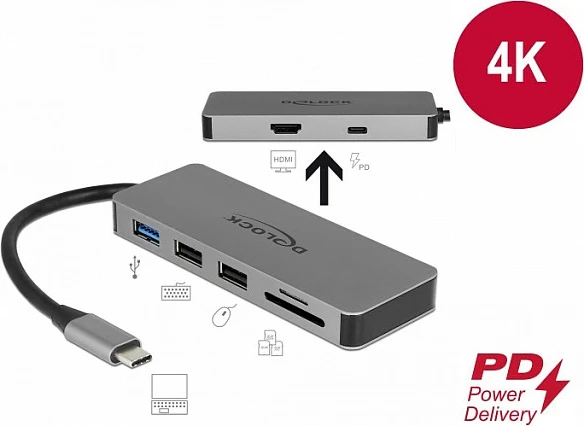 Docking station DeLOCK 87743, USB-C 3.2 Gen 1, HDMI, USB PD 87W, lexues SD/microSD, gri