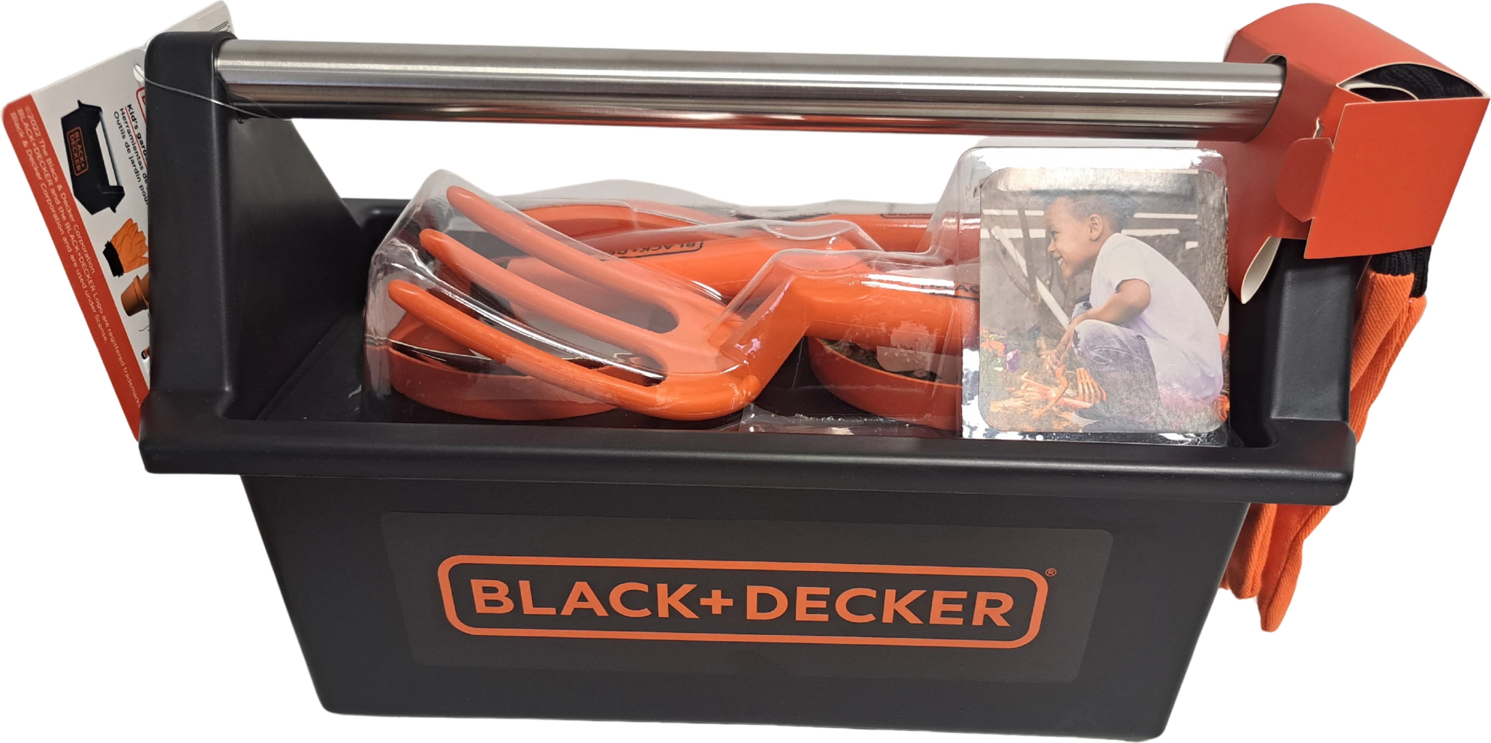 Set veglash kopshtarie për fëmijë Black&Decker SGH013-BD, 3+ vjeç, me kuti, doreza, grabujë, mistrí, lopatë e vogël, pirun, 2 vazo, 2 tabela shënimi, portokalli/zi