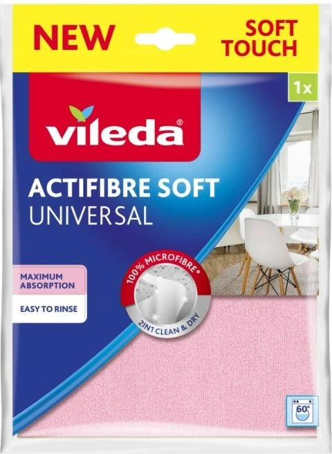 Leckë pastrimi mikrofibër, Vileda, Actifibre Soft 171805, thithje e lartë, e lehtë për t’u shpëlarë, e larshme 60°C, rozë, 1 copë