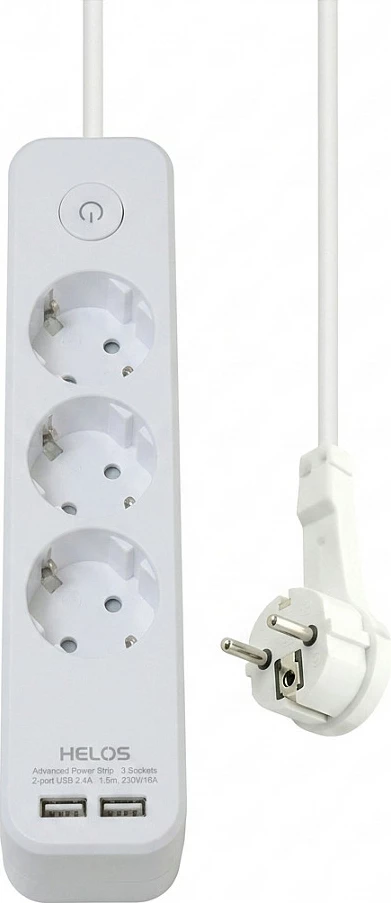 Zgjatues rryme Helos Advanced, 3 priza, 2x USB, 1.5 m, me ndërprerës, i bardhë