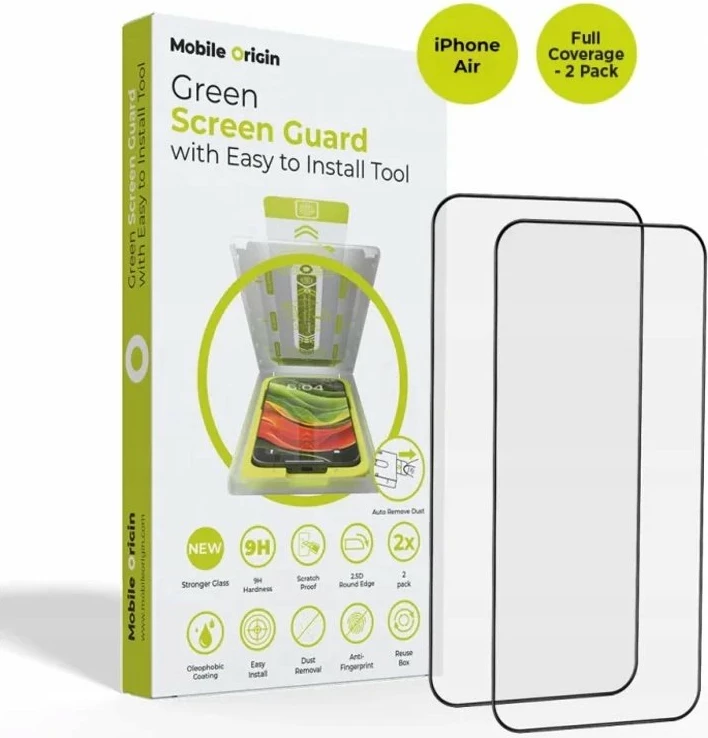 Xham mbrojtës ekrani Mobile Origin Screen Guard për iPhone Air, full coverage, 9H, me aplikator, me kornizë të zezë, 2 copë