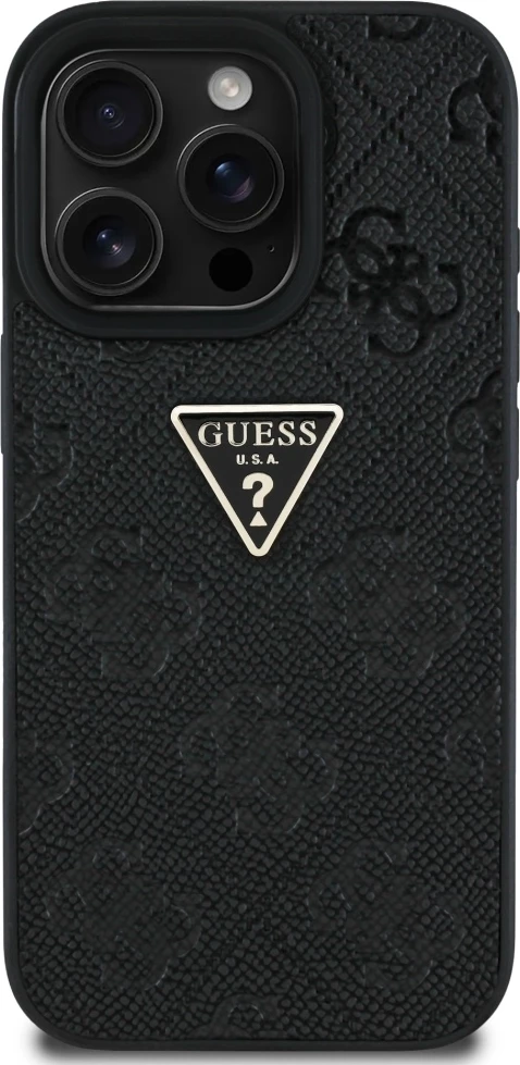 Mbështjellës Guess Hot Stamp 4G Pattern Triangle Metal Logo për iPhone 16 Pro, i zi
