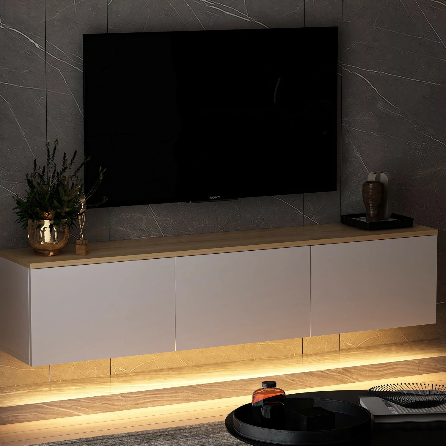 Komodë TV Skye Decor, neon, e bardhë dhe lisi, v2