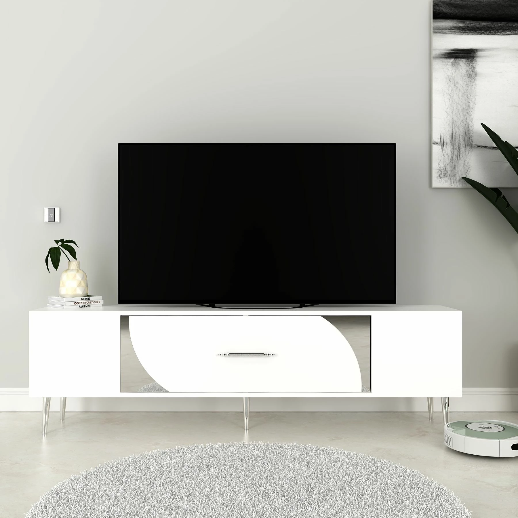 Komodë TV Skye Decor, e bardhë, argjend