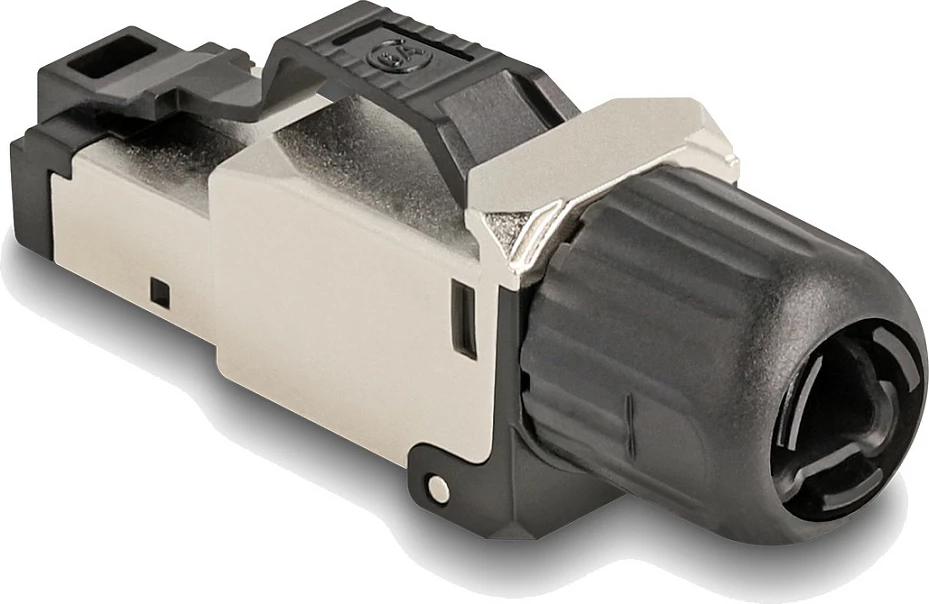 Konektor RJ45 DeLOCK Cat6A, për montim në terren, S/UTP, i zi/argjendtë