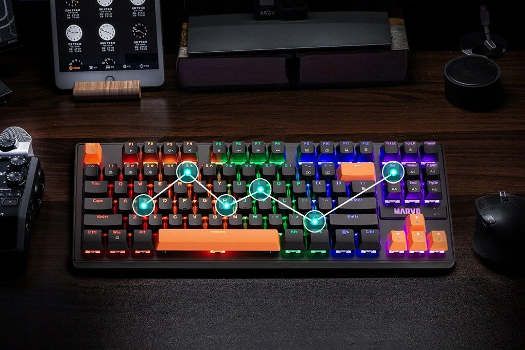 Tastierë mekanike Marvo Krone 87 KG901C EN, 87 taste (TKL 80%), Blue Switch, RGB, USB me kabllo 1.5 m, layout US, e zezë