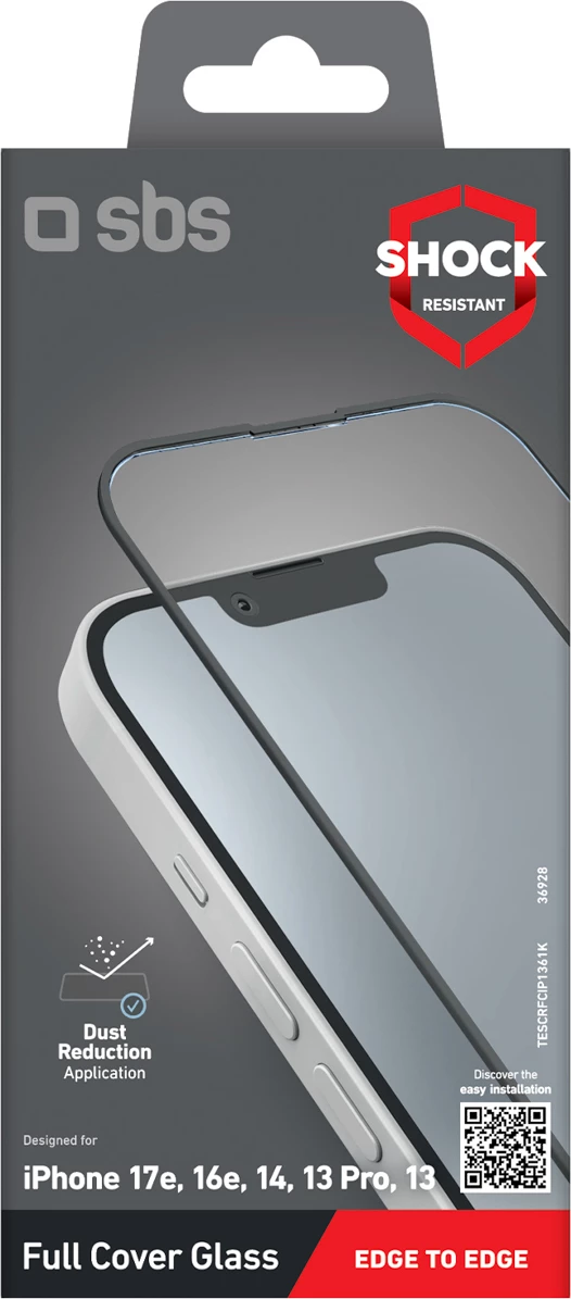 Xham mbrojtës Full Cover i kalitur SBS Full Cover për iPhone 13/13 Pro/14/16e/17e, i zi, me 2 peceta pastrimi