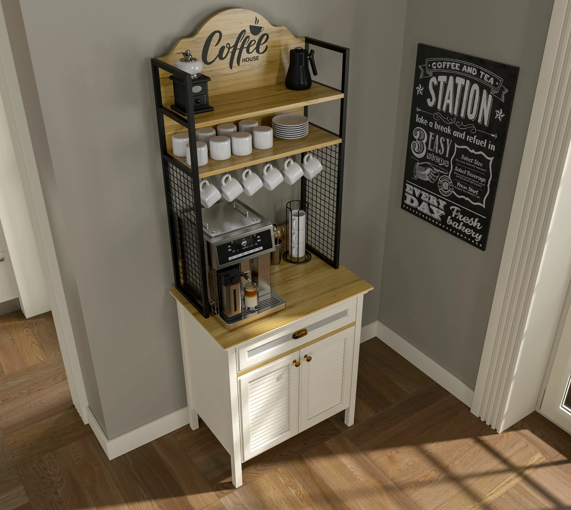 Dollap për kafe, ngjyrë krem, lisi, e zezë, Skye Decor, FRN-21028