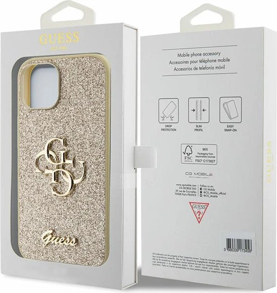 Mbështjellës Guess Glitter Script Big 4G për iPhone 15, Ari