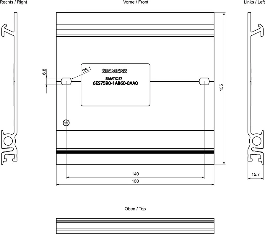 Shinë profili montimi Siemens SIMATIC S7-1500 6ES75901AB600AA0, 160 mm, alumin, argjend