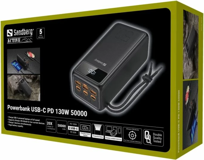 Powerbank Sandberg 420-75 USB-C PD 130W 50000mAh, e zezë, set me 2 kabllo