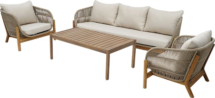 Set lounge për jashtë Verilan, dru akacie, litar dhe jastëkë bezhë