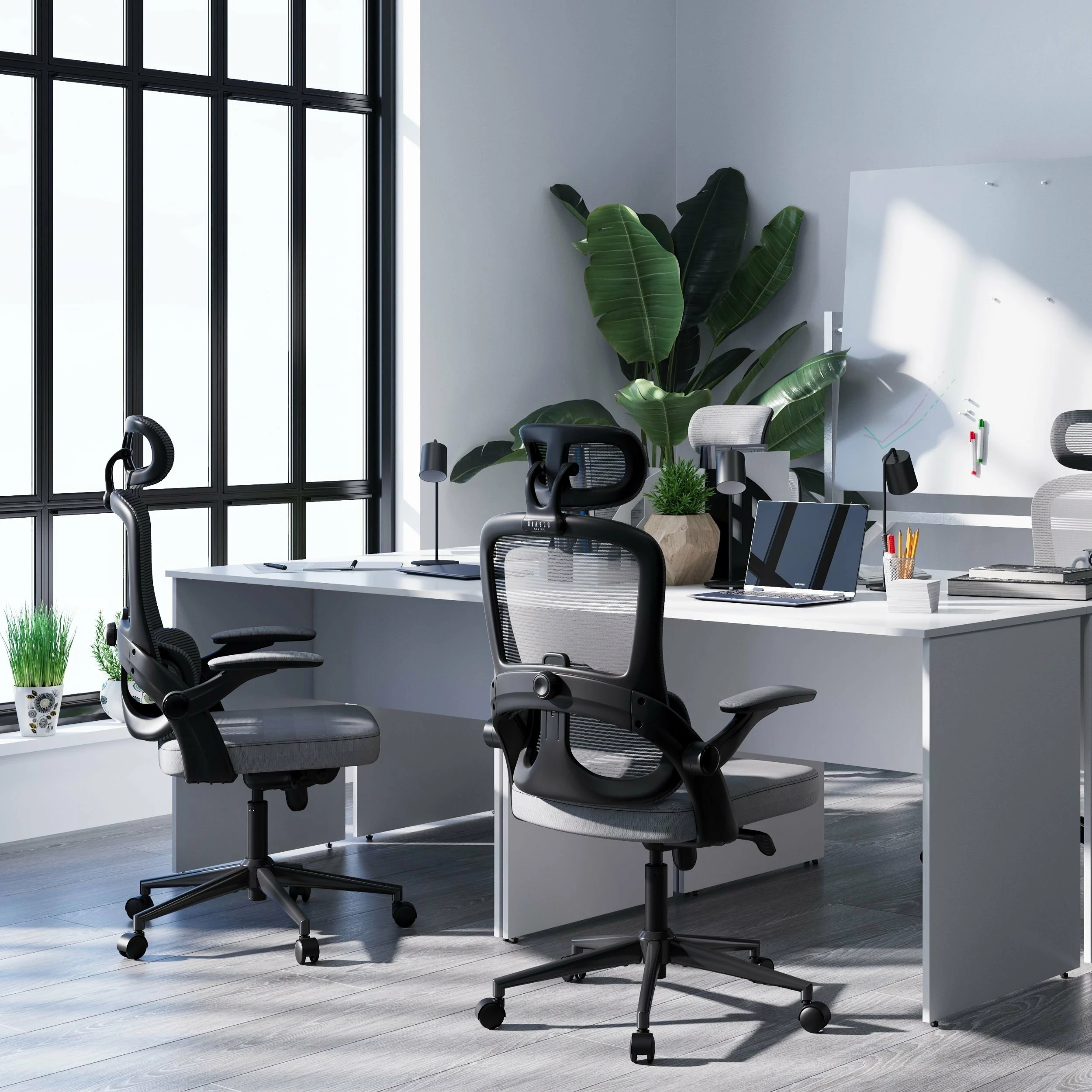 Karrige zyre ergonomike Diablo Chairs V-Light, rrjetë mesh, 3D mbështetëse krahu, gri