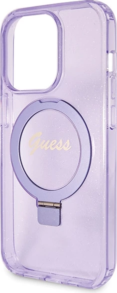 Mbështjellës Guess Ring Stand Script Glitter MagSafe për iPhone 14 Pro, vjollcë