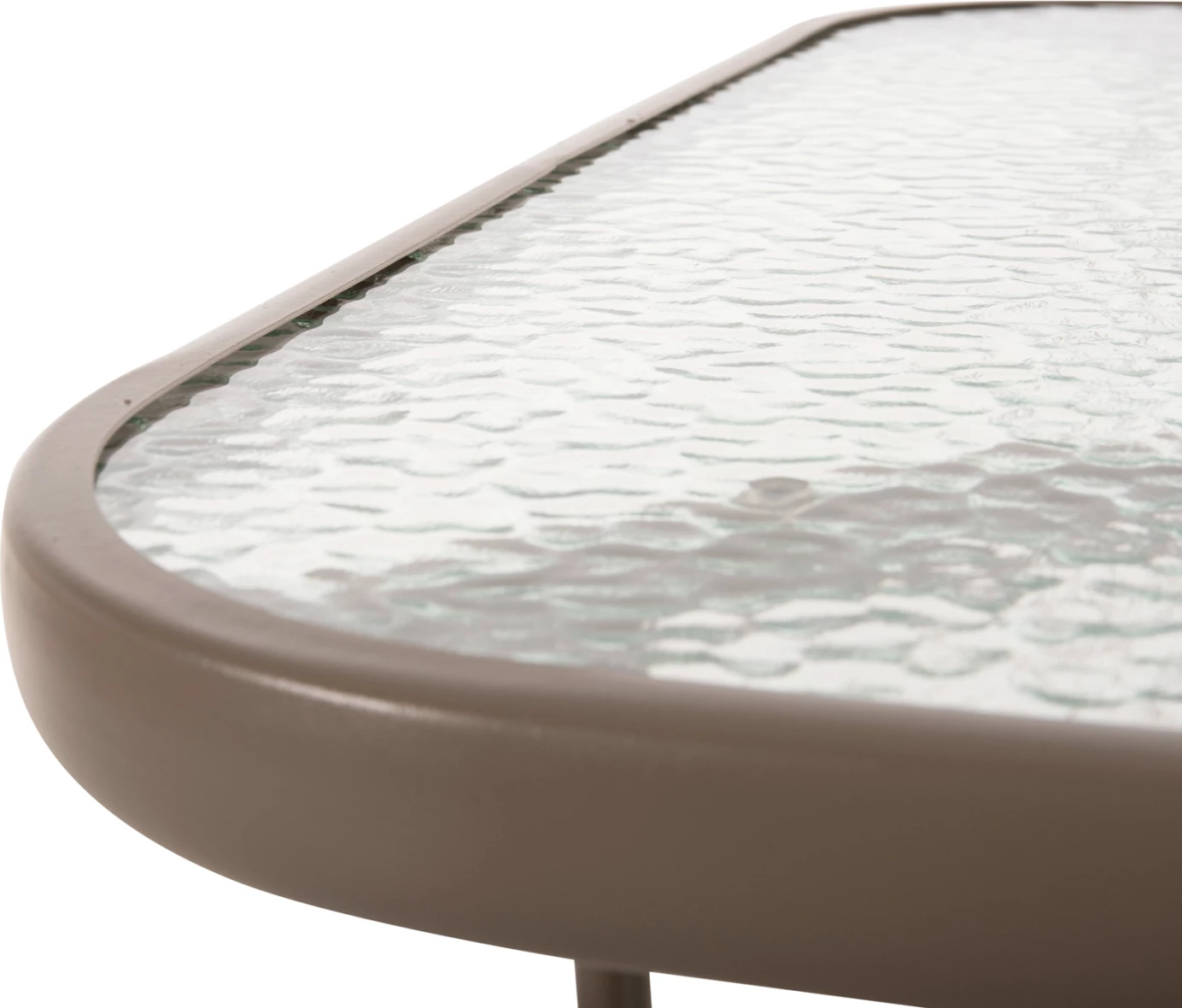 Tavolinë metalike për jashtë ADAM, ngjyrë shampanjë, me sipërfaqe xhami të forcuar, 120x70x71H cm