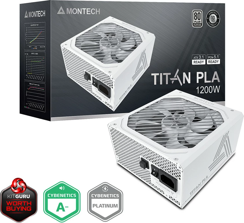 Furnizues rryme (PSU) Montech Titan PLA 1200W, 80 PLUS & Cybenetics Platinum, modular, PCIe 5.1, i bardhë
