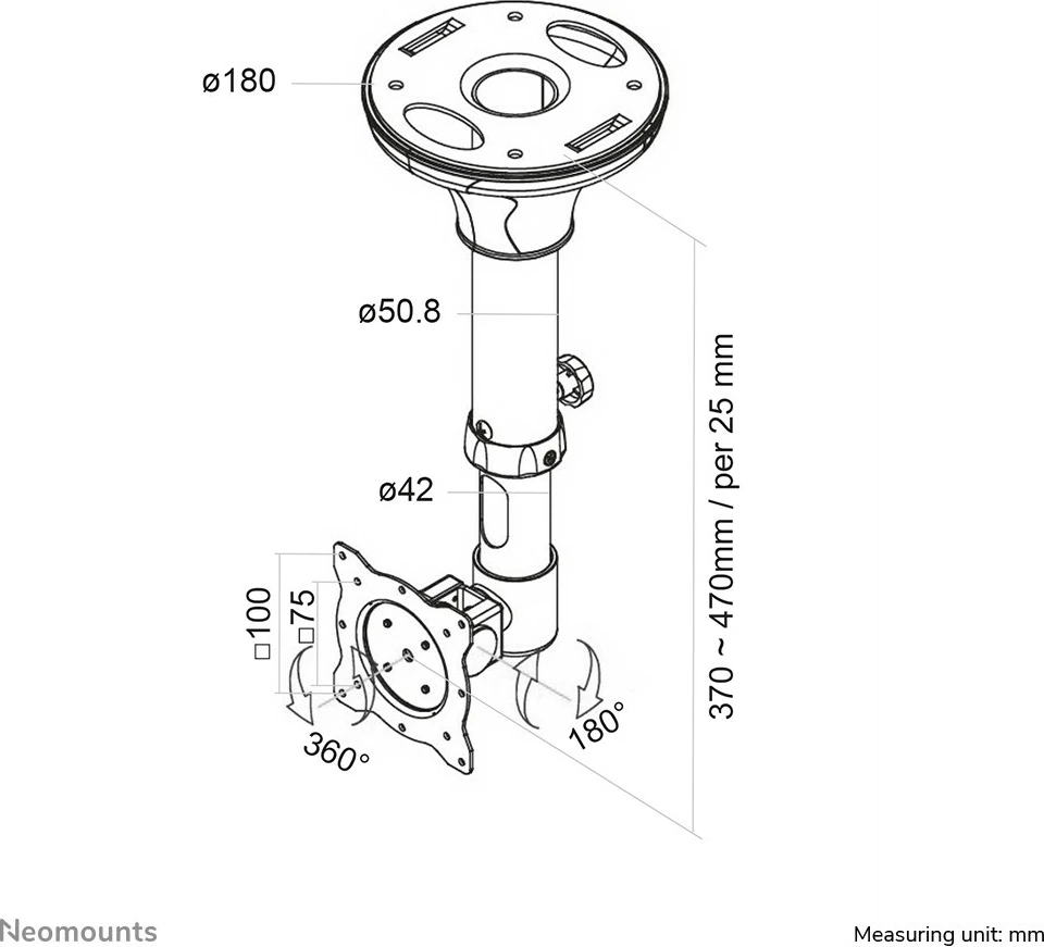 Mbajtës tavani për ekran Newstar FPMA-C025BLACK deri 30 inç, i zi