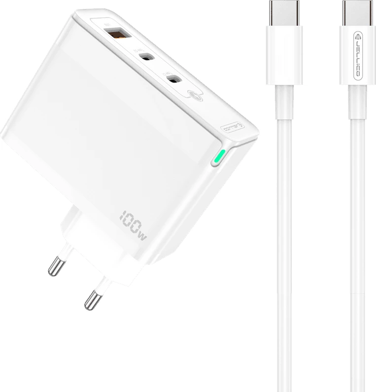 Adapter karikimi shtëpie Jellico C118 100W GaN, 2x USB-C + 1x USB-A, me kabllo USB-C në USB-C, i bardhë (EU blister)