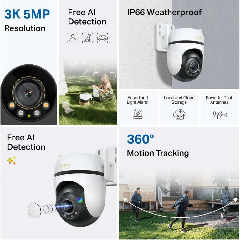 Kamerë sigurie IP Wi‑Fi, TP-Link Tapo C530WS, 3K 5MP, pan/tilt 360° me ndjekje lëvizjeje, IP66, microSD deri 512GB, e bardhë