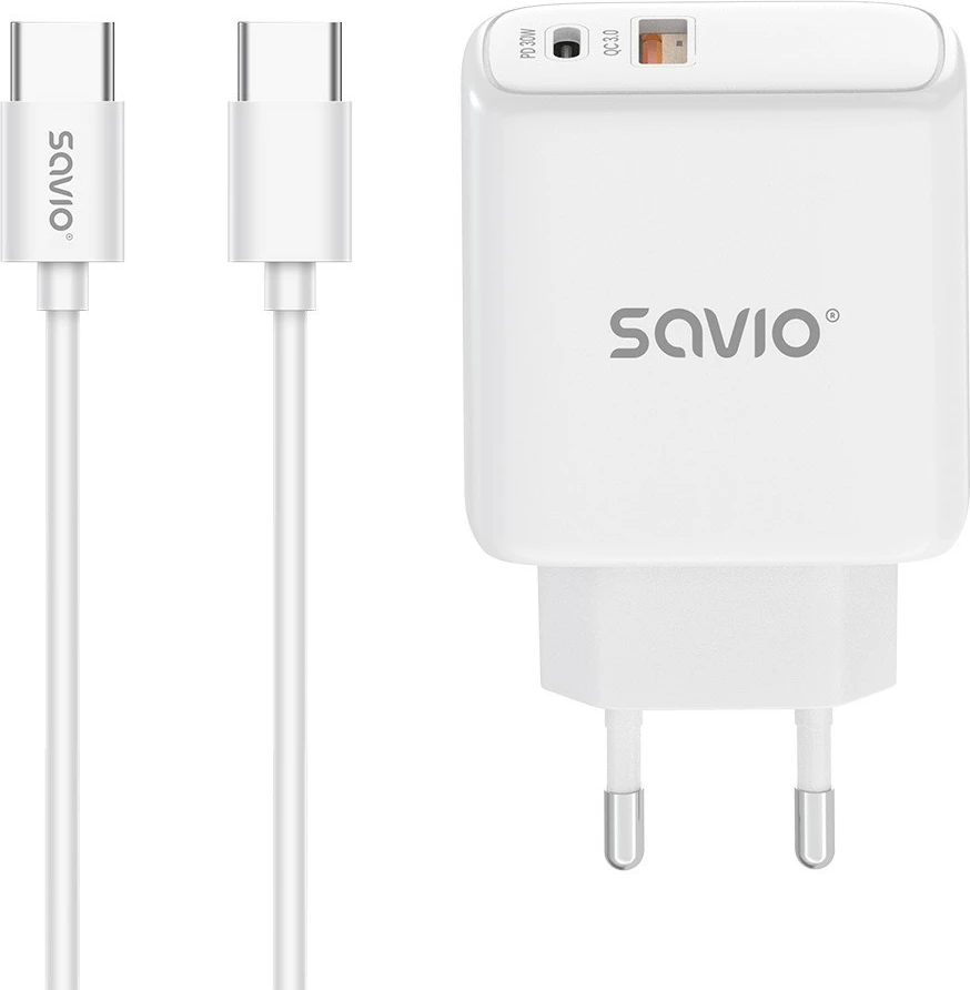 Karikues muri Savio LA-10 me kabllo USB-C 30W, Bardhë