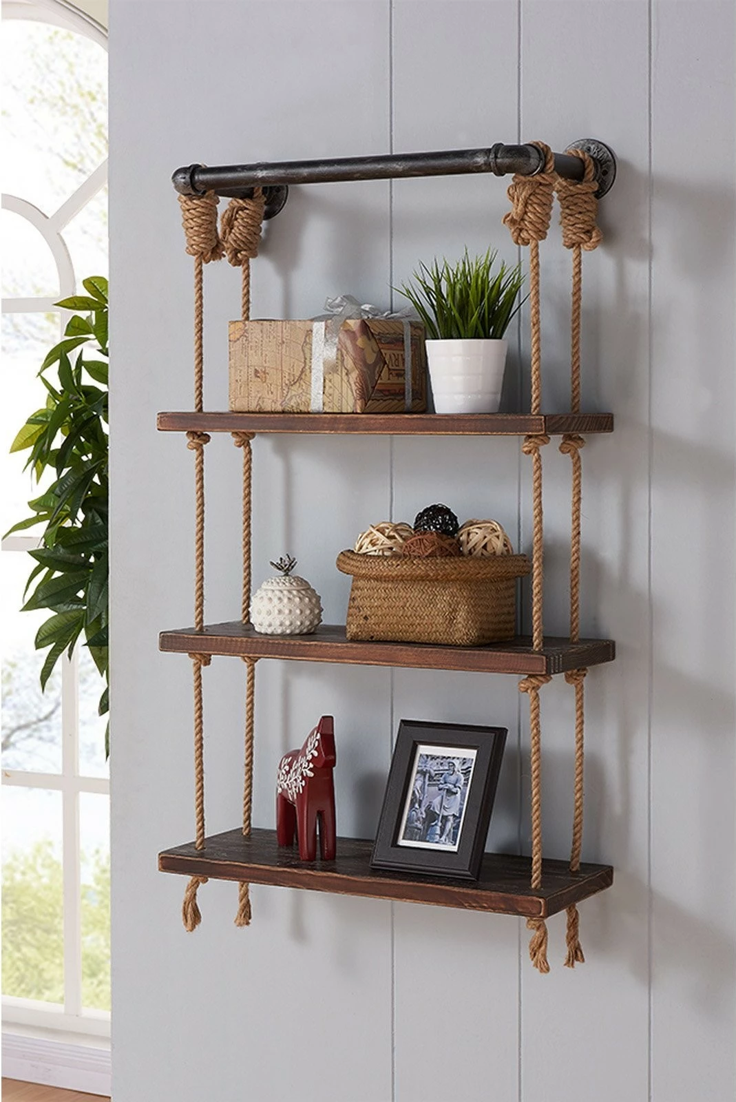 Raft muri Hanah Home, Gar005, dru bredhi, ngjyrë arre, metal i zi, 60x120x13cm