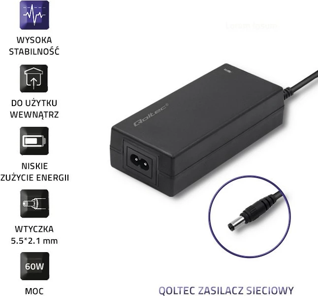 Furnizues energjie desktop Qoltec 50796, 60W, 12V, 5A, i zi, me kabllo