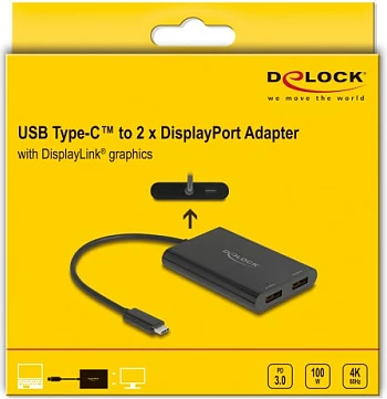 Adapter USB-C DeLOCK 64308, 2x DisplayPort 4K 60Hz, USB-C PD 100W, 0.2m, i zi
