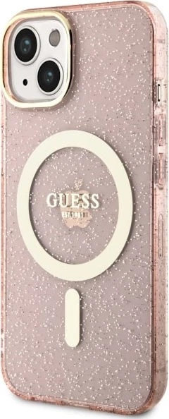 Mbështjellës Guess GUHMP14MHCMCGP për iPhone 14 Plus 6.7", Glitter Gold MagSafe, Rozë