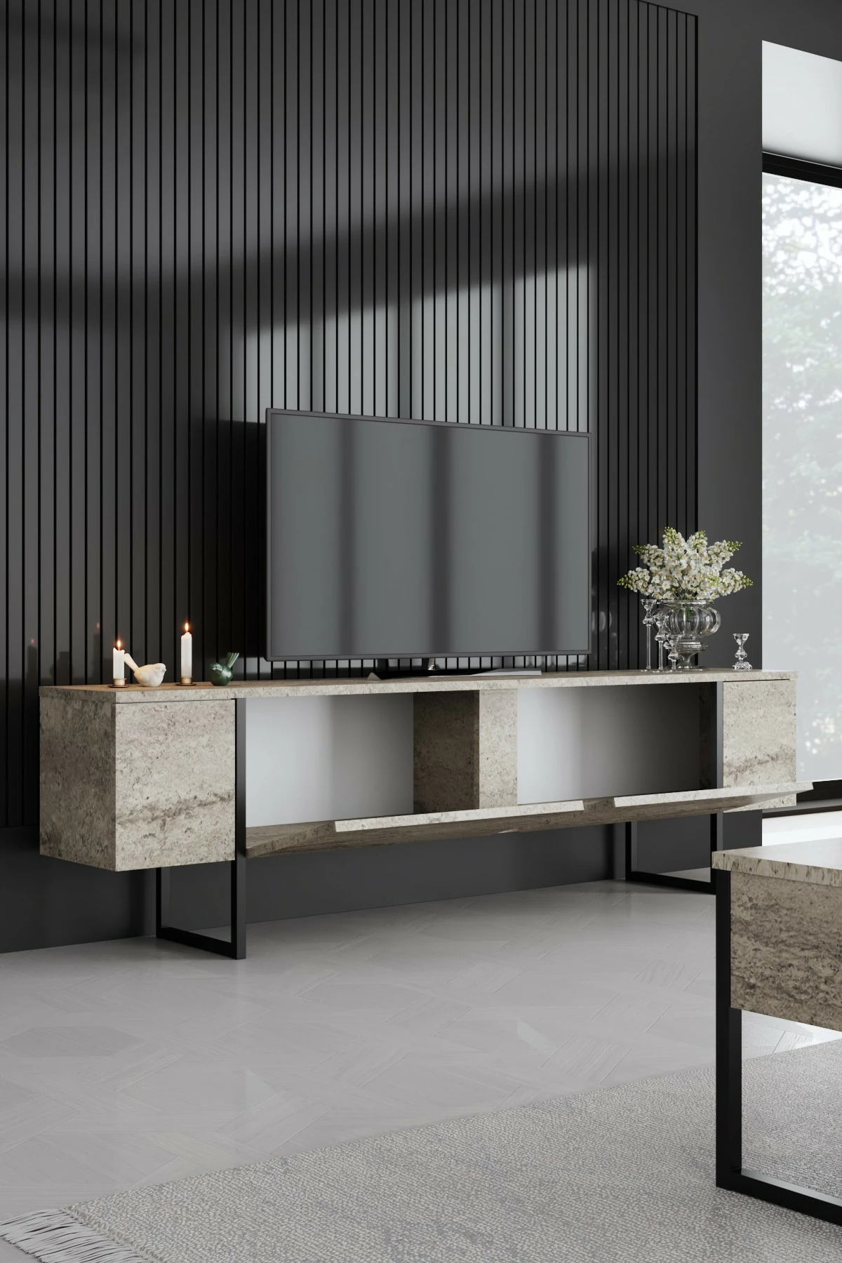 Komodë për TV Hanah Home, Luxe, travertin, e zezë