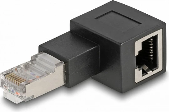 Adapter RJ45 DeLOCK Cat6A 90° majtas, mashkull/femër, kontakte të arta, i zi