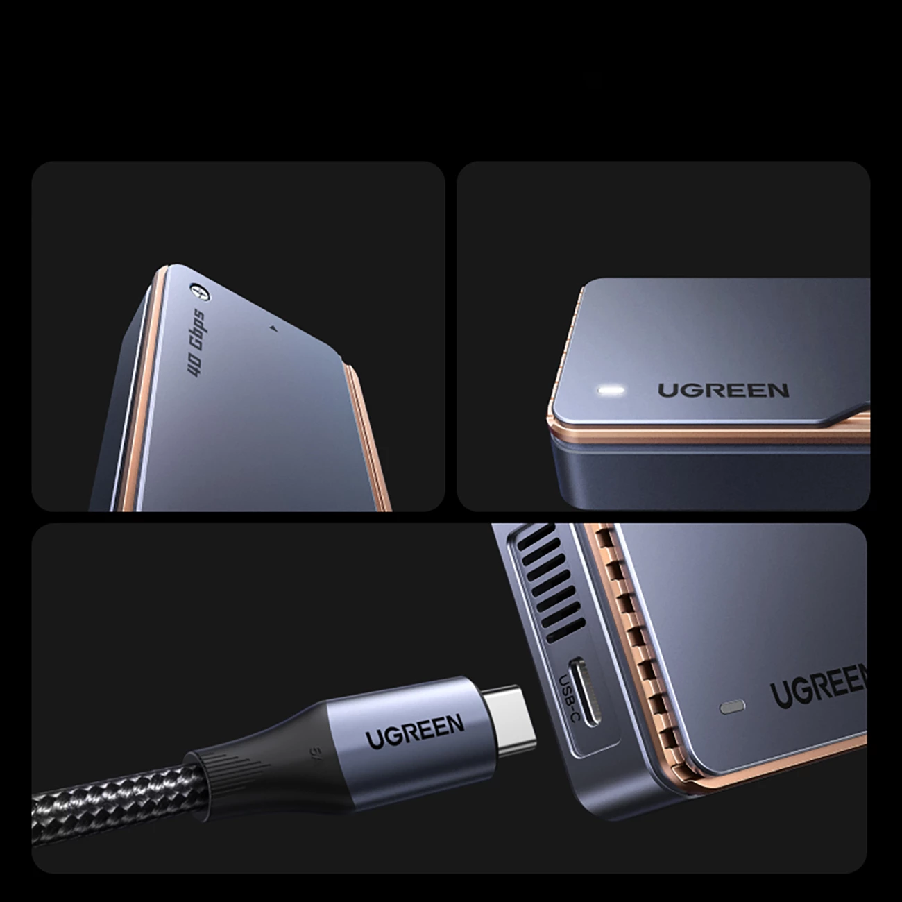 Enclosure USB4 për SSD M.2 NVMe Ugreen D703 40Gb/s, 2280, deri 8TB, me ftohje aktive, Gri, me kabllo USB-C