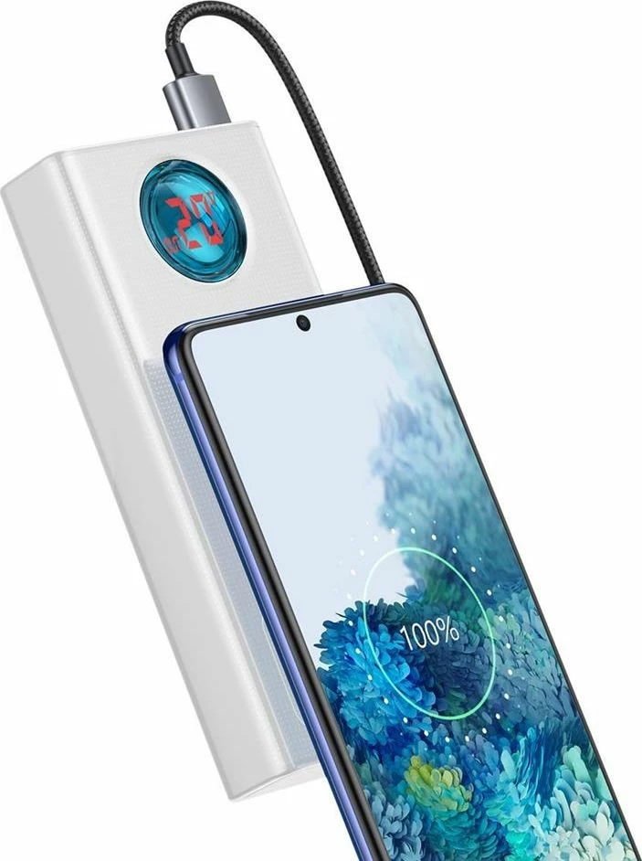 Powerbank Baseus Amblight 30000mAh 65W me display, 4x USB-A + 1x USB-C, e bardhë