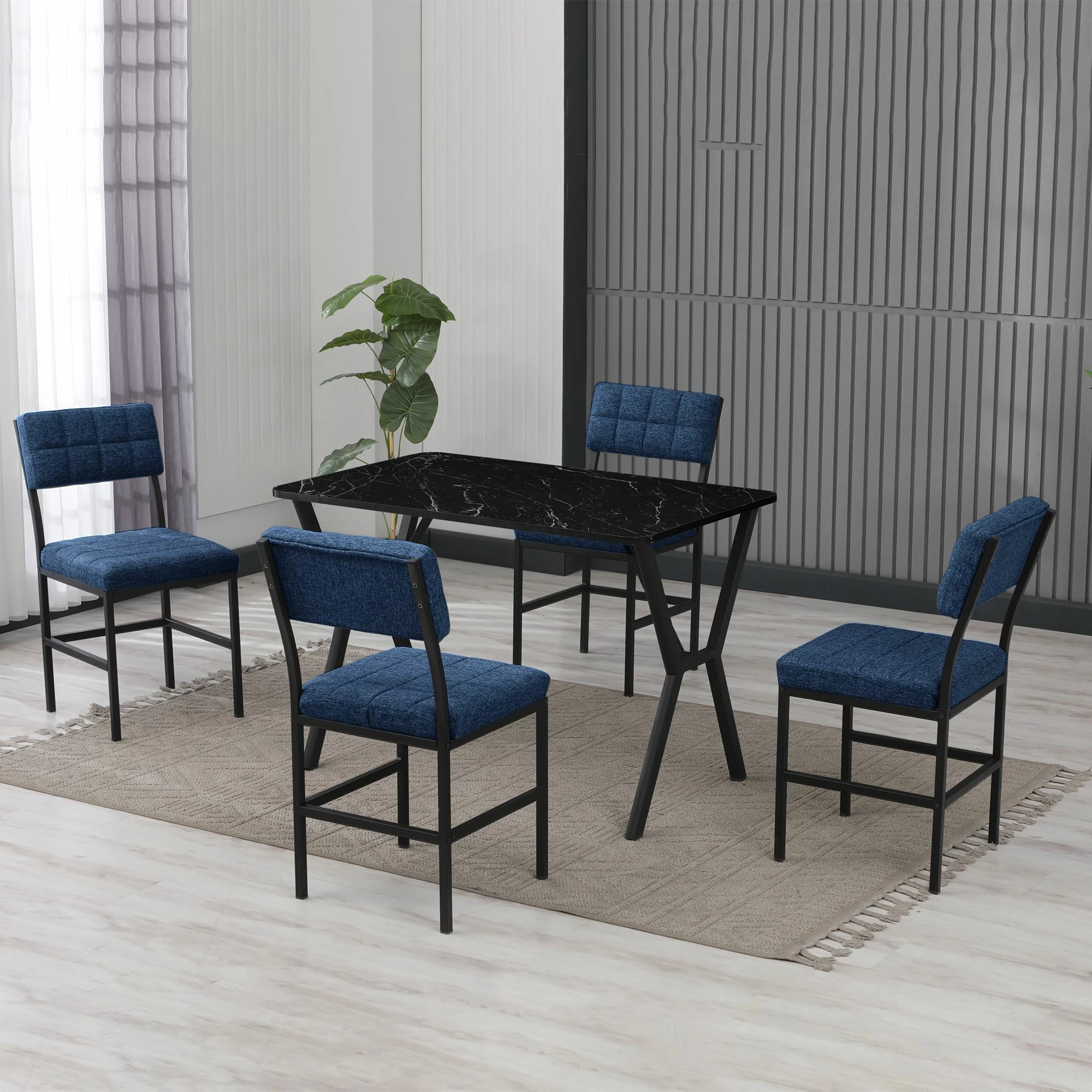 Set tavoline me karrige për ngrënie, zgjatues, 5 pjesë, Skye Decor, Dubai, blu e errët, e zezë