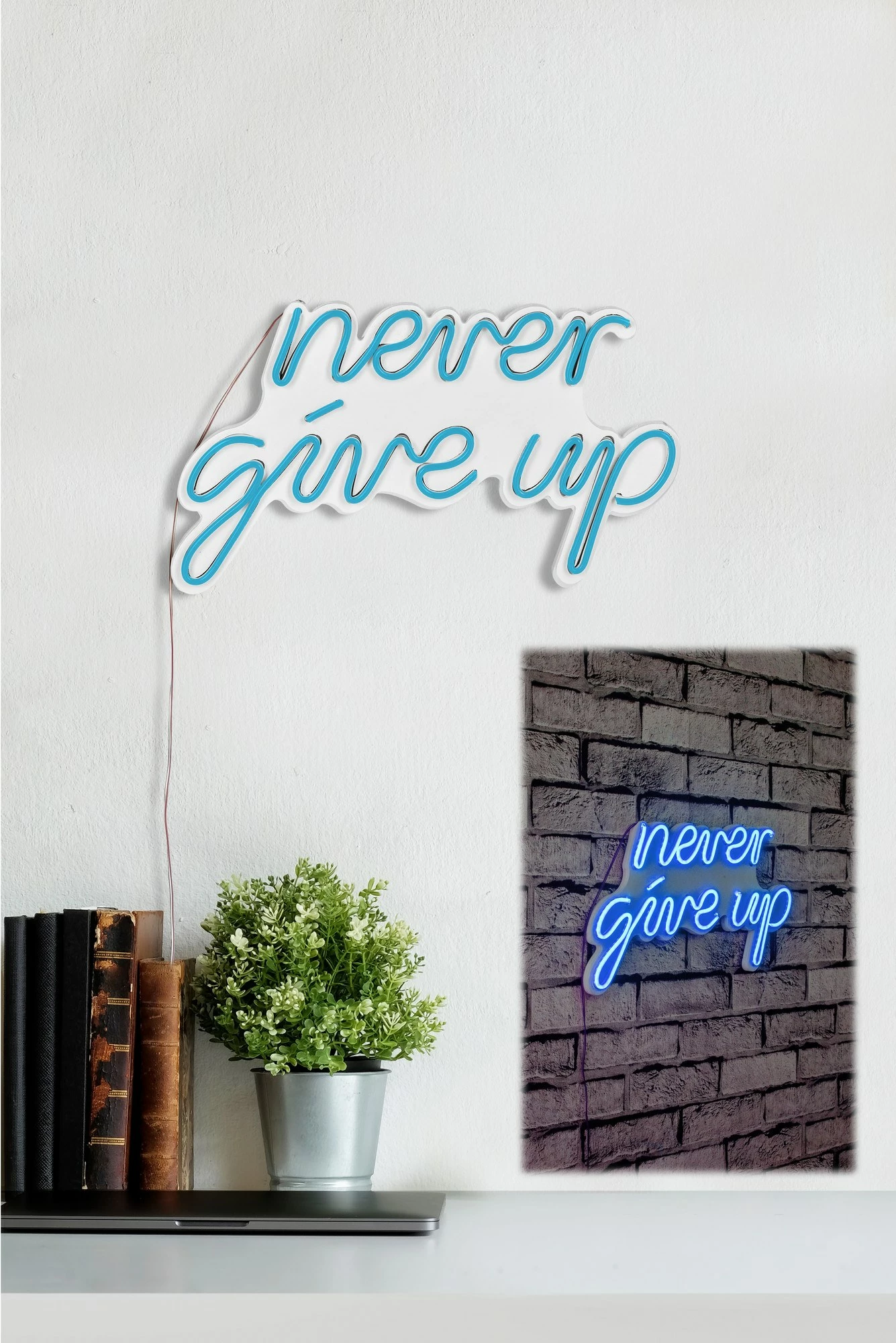 Dekor ndriçues LED plastik, 'never give up', ngjyrë e kaltër