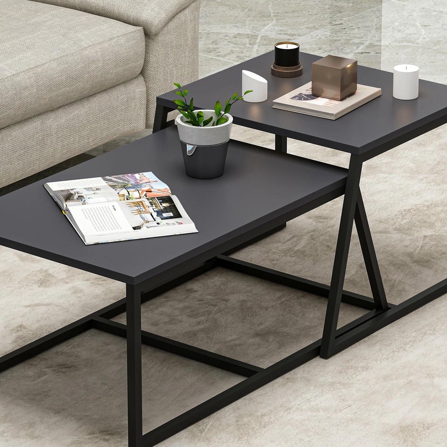 Set tavolinash kafeje Hanah Home, minimal, ngjyrë antracit