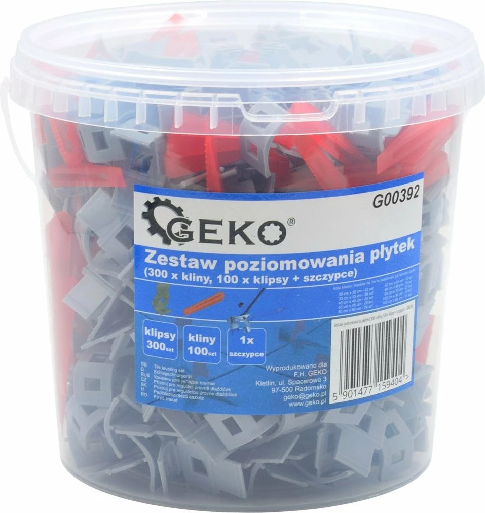 Set nivelimi pllaka Geko, 300 klipsa 1.2 mm + 100 pykë + darë, në kovë
