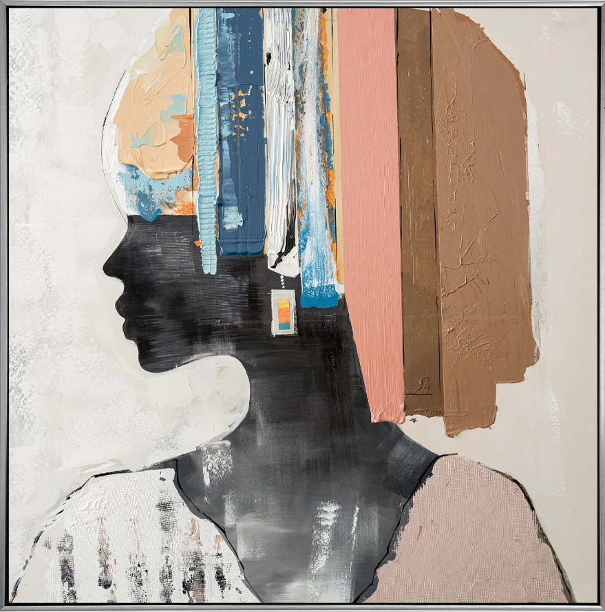 Pikturë dekorative gruaje me ngjyra të ndryshme, kanavacë, dru, argjend, 80x80x5cm