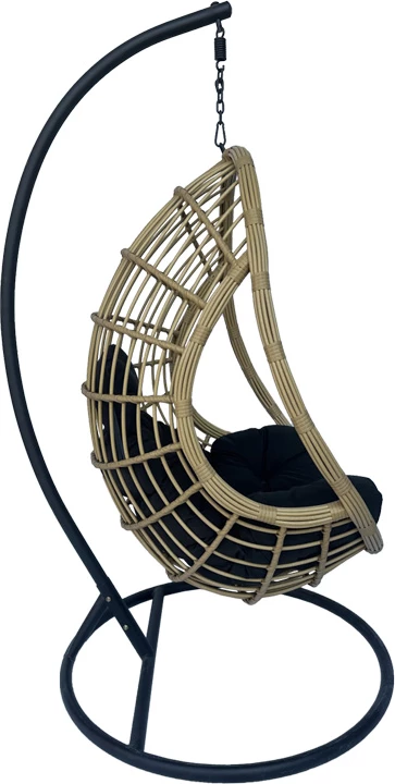 Karrige lëkundëse Cungo me bazë metalike të zezë - rattan bezhë me jastëkë të zinj 125x105x195cm