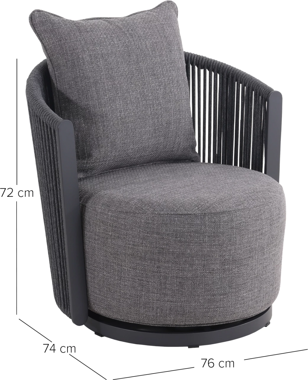 Karrige lounge rrotulluese Lorien, alumin i zi, litar, jastëkë, 76x74x72cm