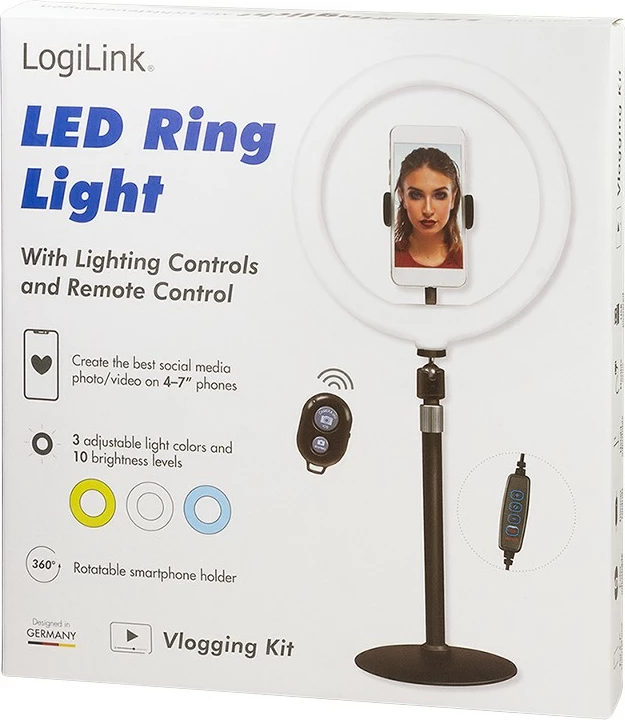 Dritë unazore LED LogiLink AA0152, mbajtës për celular, 700 lm, 17.8 cm, USB