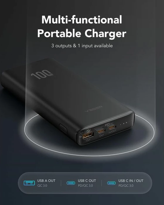 Powerbank VEGER T100 20000mAh PD 100W, black, set 1 copë