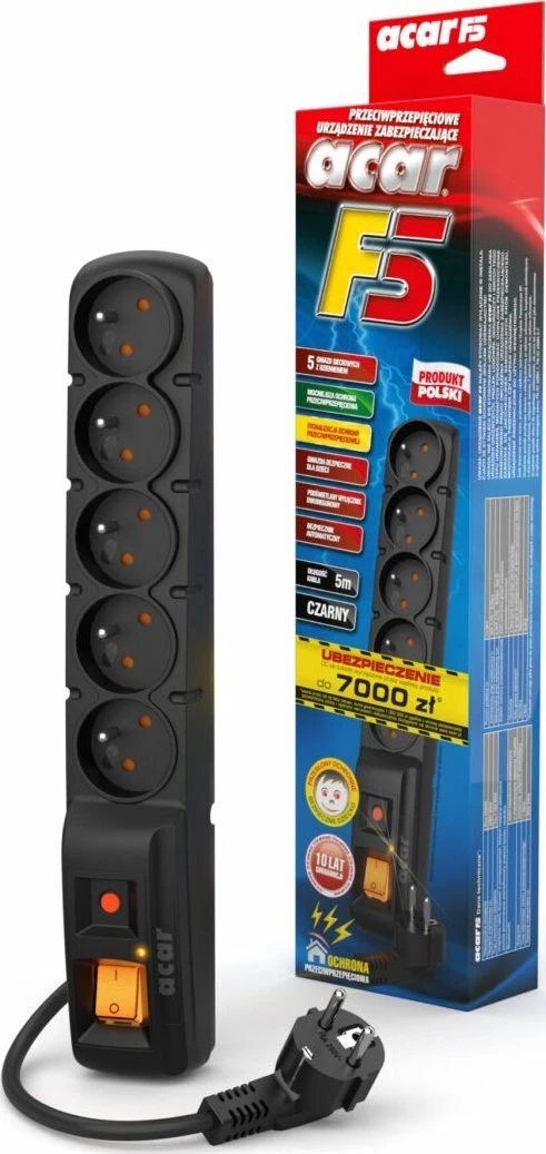 Shirit prizash me mbrojtje nga mbitensioni Acar F5 W0102, 5 priza, kabllo 5 m, 2300 W, i zi