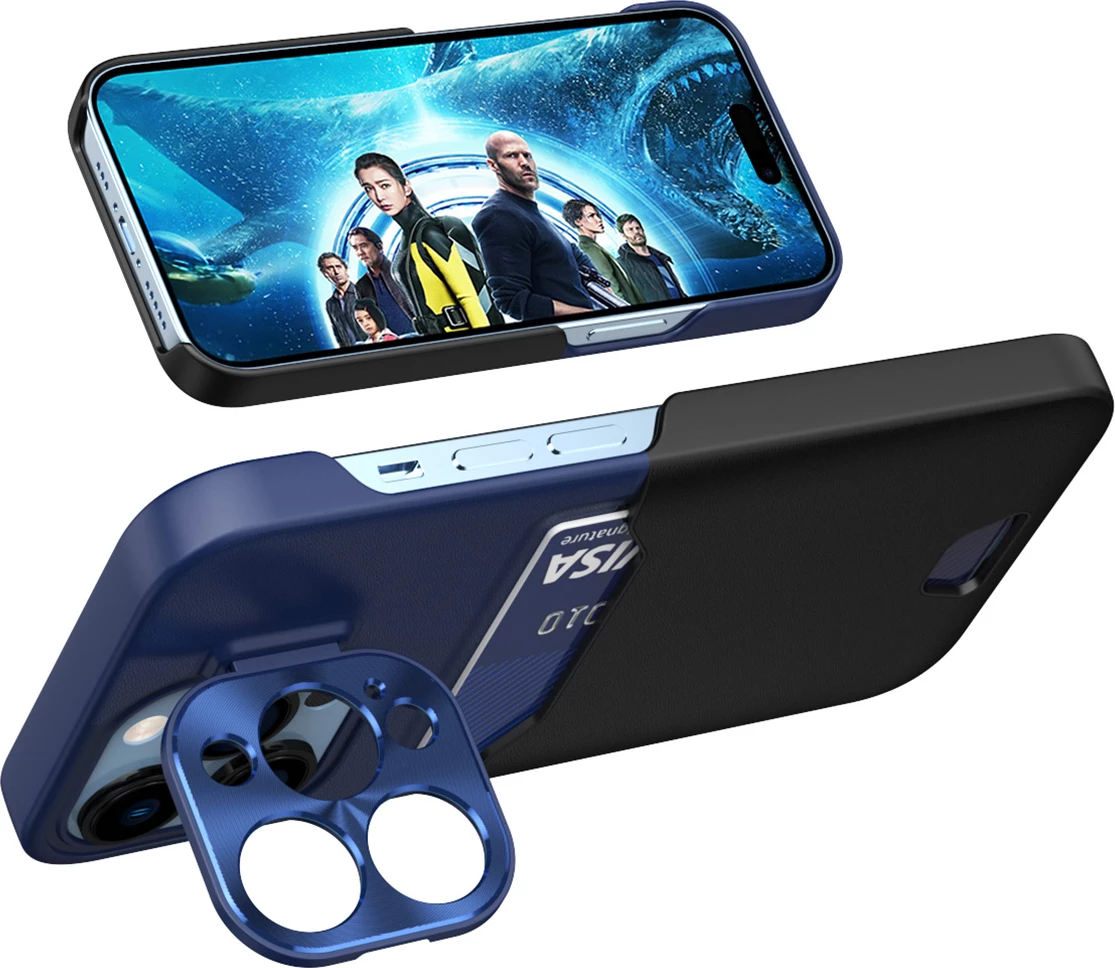 Mbështjellës Hurtel Leather Stand Case për iPhone 14 Pro, me xhep për kartela, me mbajtëse, Blu