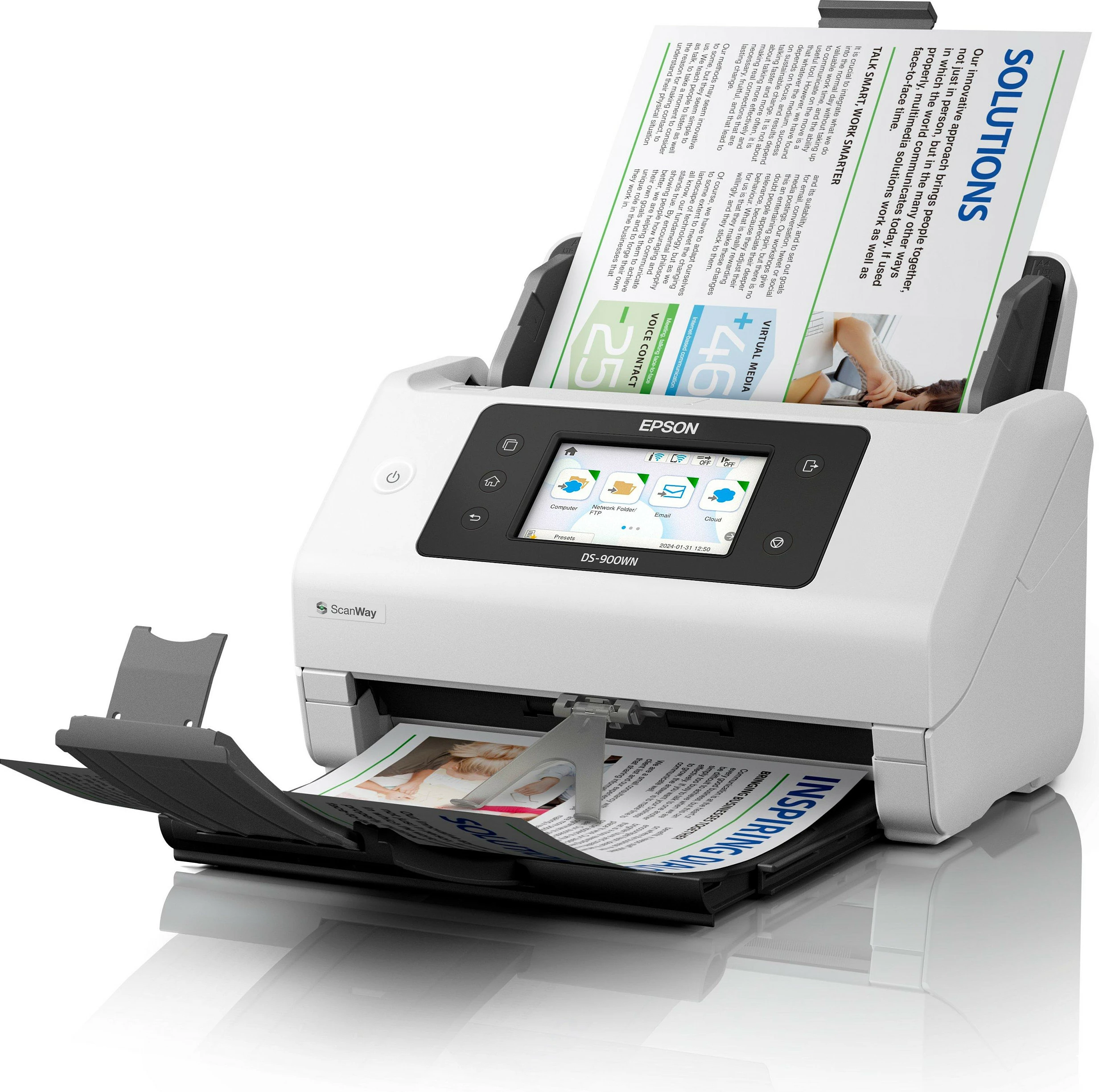 Skaner Epson WorkForce DS-900WN, A4/A3, ADF 100 fletë, Wi‑Fi/Ethernet, 70ppm/140ipm, bardhë