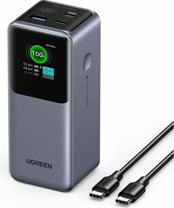 Powerbank UGREEN 35524B 20000mAh 130W me ekran TFT, gri, me kabllo USB-C