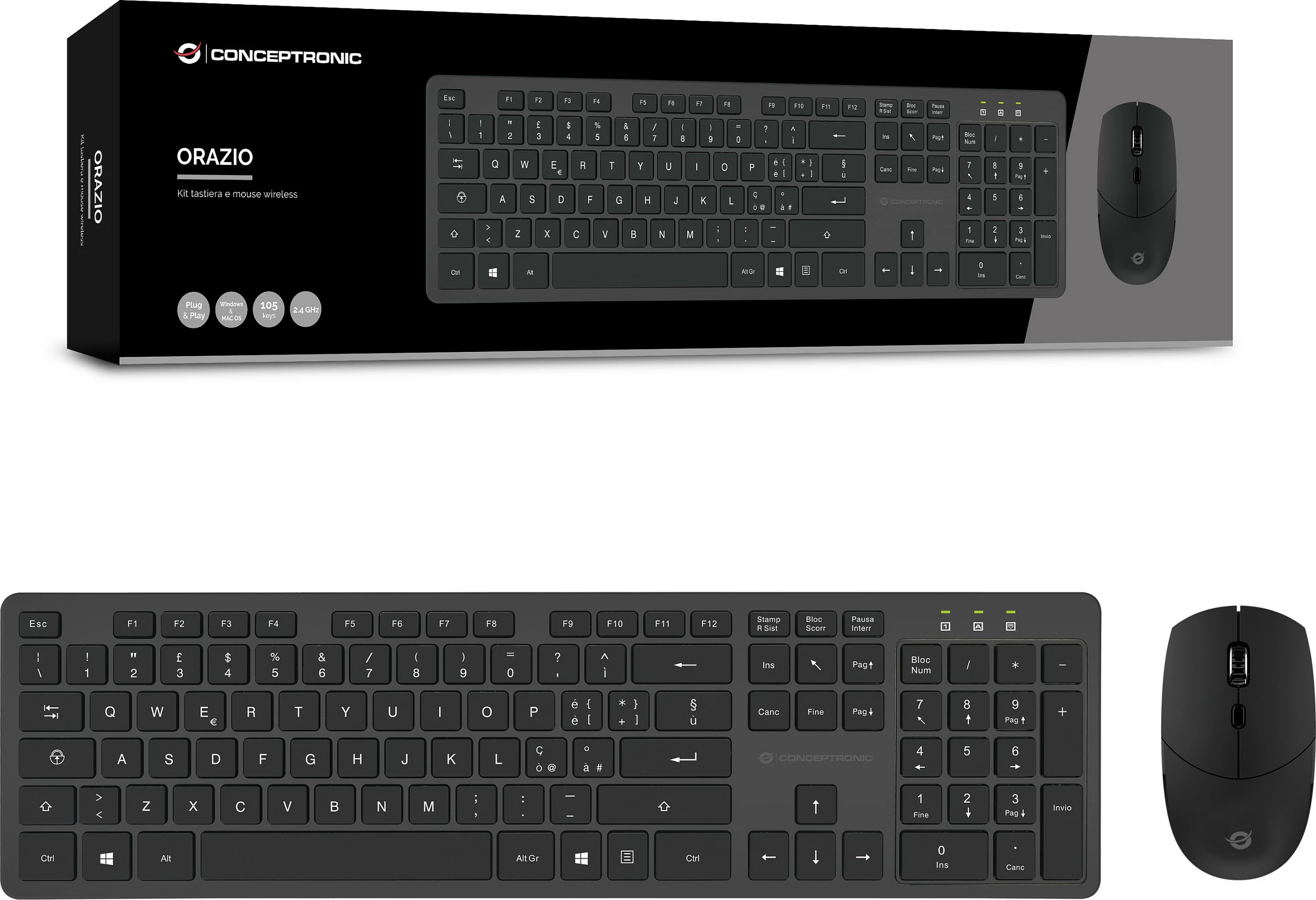 Set tastierë wireless Conceptronic me maus, QWERTY italian, 105 taste, 1600 DPI, e zezë