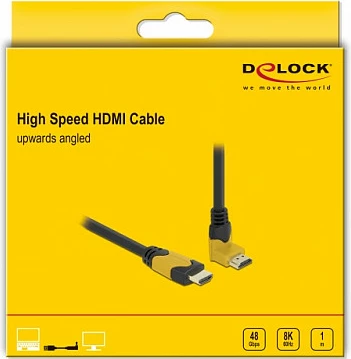 Kabllo HDMI DeLOCK High Speed 1m, 48Gbps, 8K@60Hz, konektor 90° lart, e zezë/verdhe
